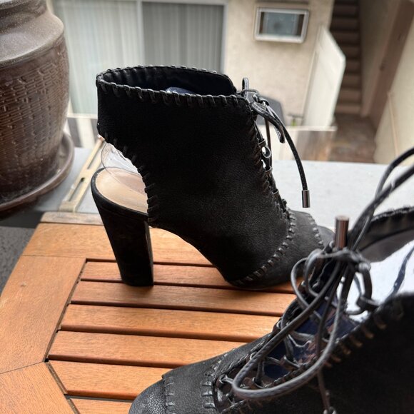 Enzo Angiolini Black Suede Open-Toe Lace-Up Heeled Ankle Boots Size 10M - Picture 3 of 8